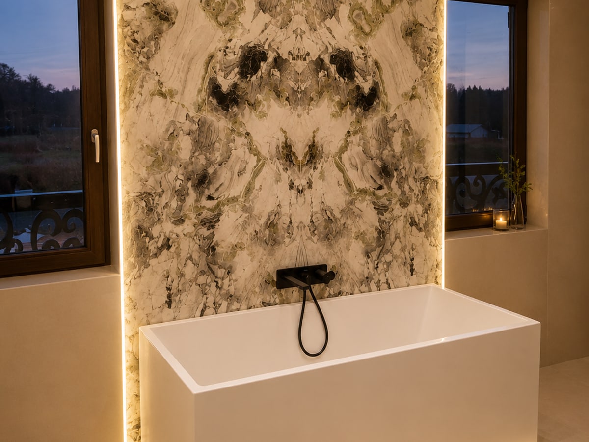 Stone slab wall behind a freestanding tub in a Vancouver bathroom
