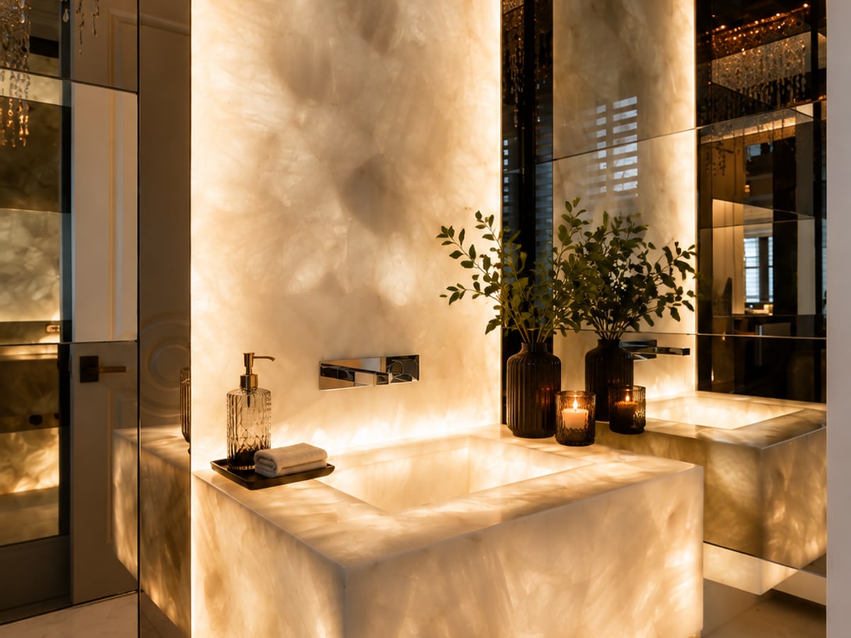 Backlit stone vanity with a solid stone basin and mirrored cabinetry