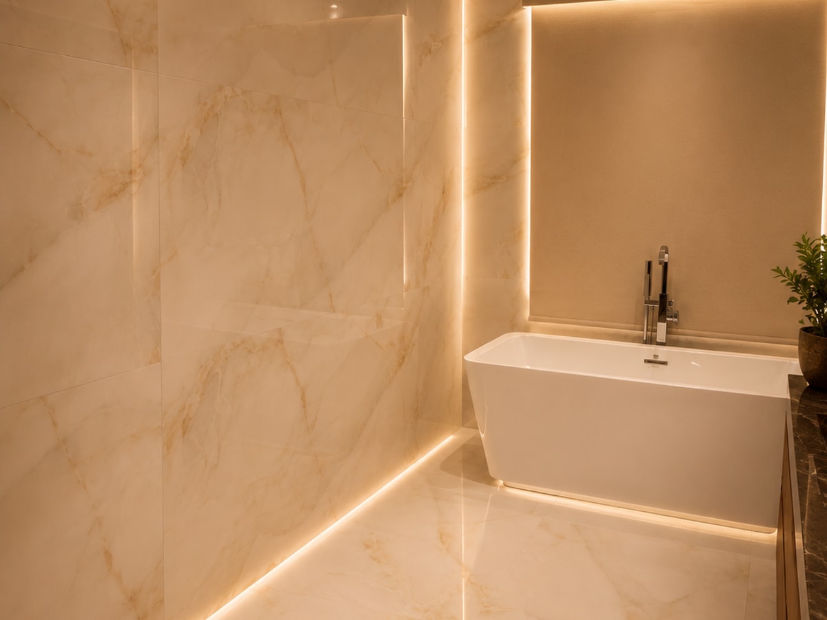 Large-format porcelain walls and floor wrapping a freestanding tub