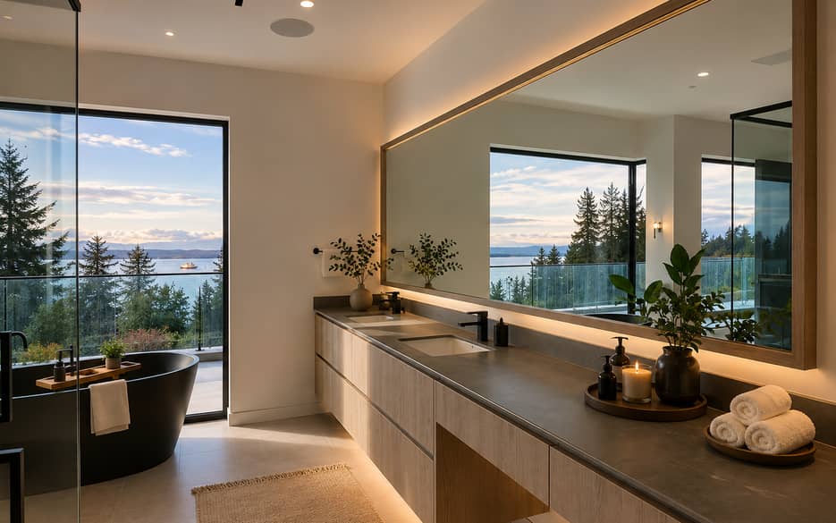 Stone vanity run and tub surround overlooking the water