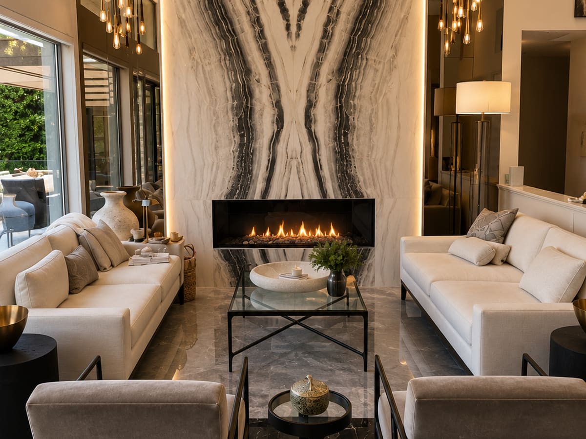 Stone slab fireplace feature wall running the full height of a living room