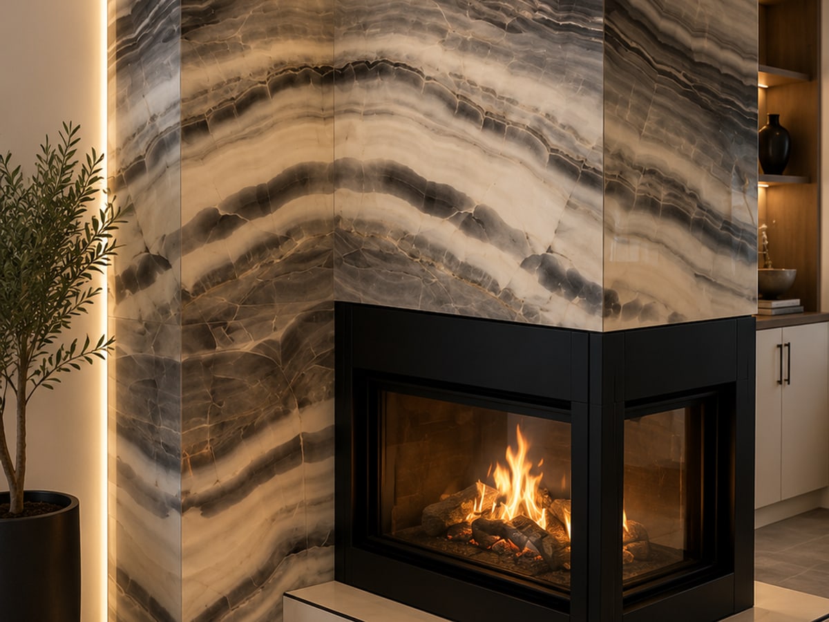 Veined stone surround wrapping a three-sided firebox