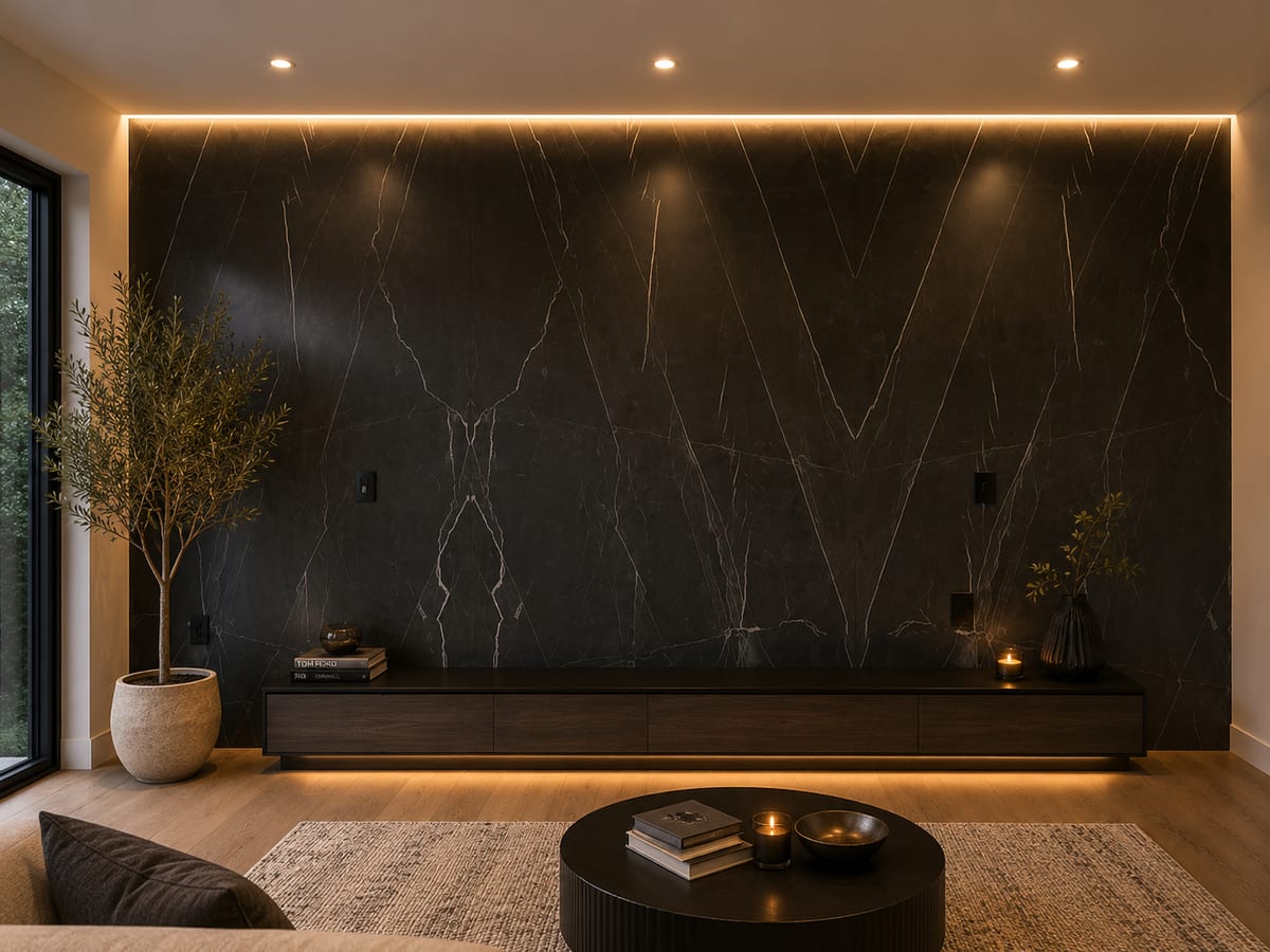 Dark veined slab feature wall with an integrated hearth bench