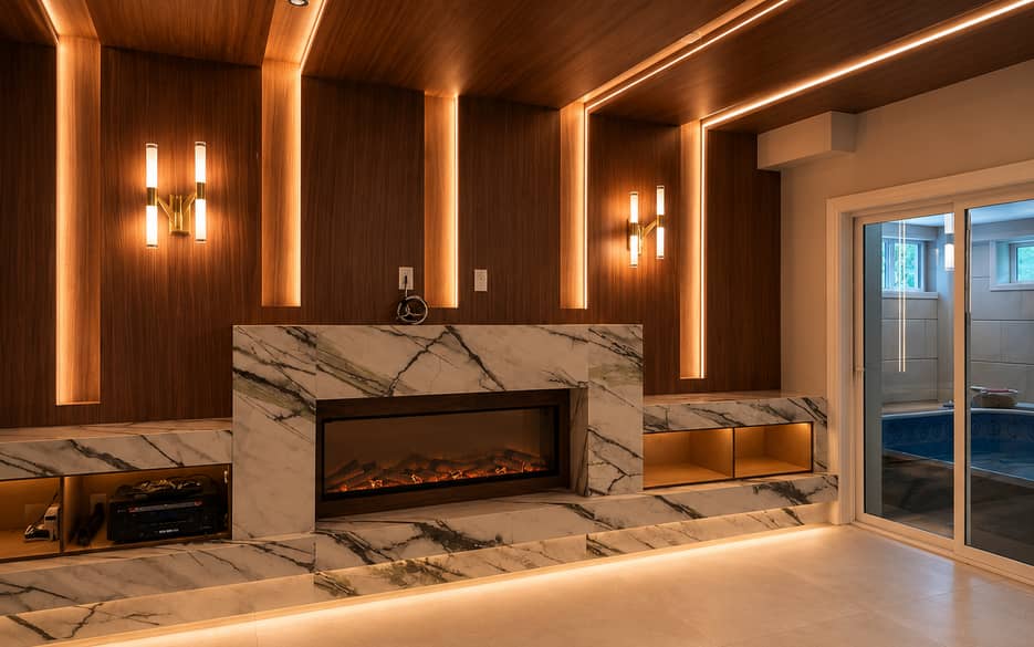 Marble fireplace surround and hearth in a panelled living room
