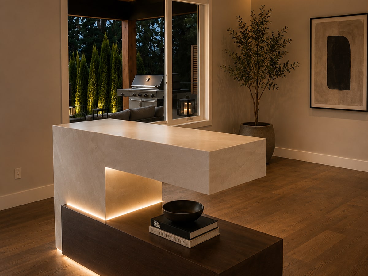 Fabricated stone bench and island in a renovated living space