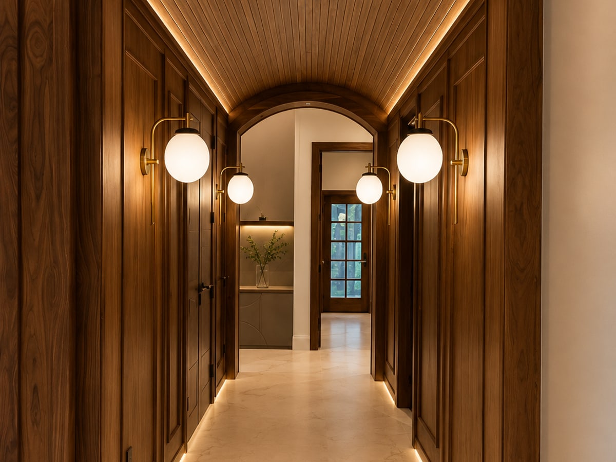 Renovated hallway with stone flooring and custom millwork